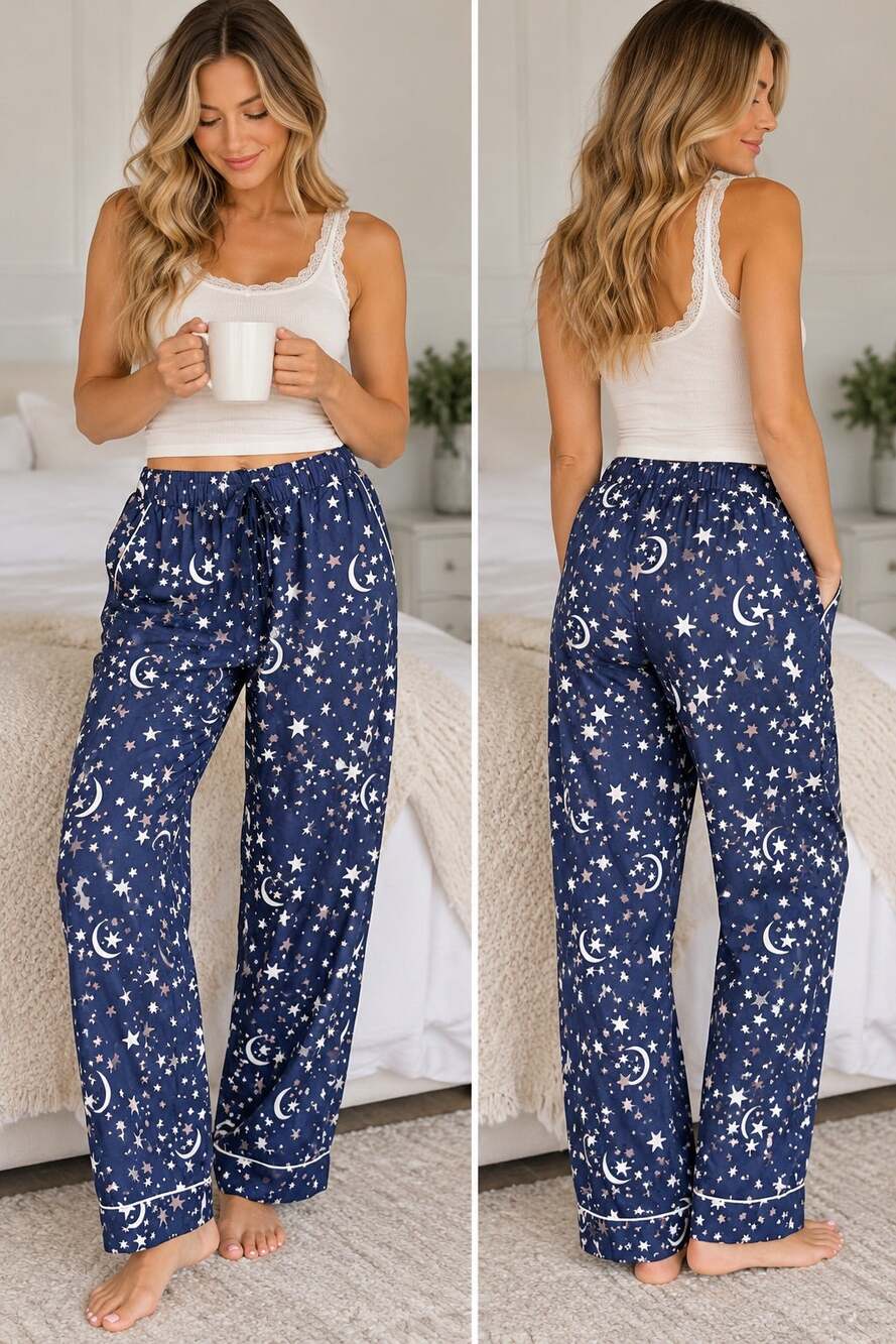 Printfresh Celestial Star Moon Pajama Pants Navy Blue M Cotton Sleepwear